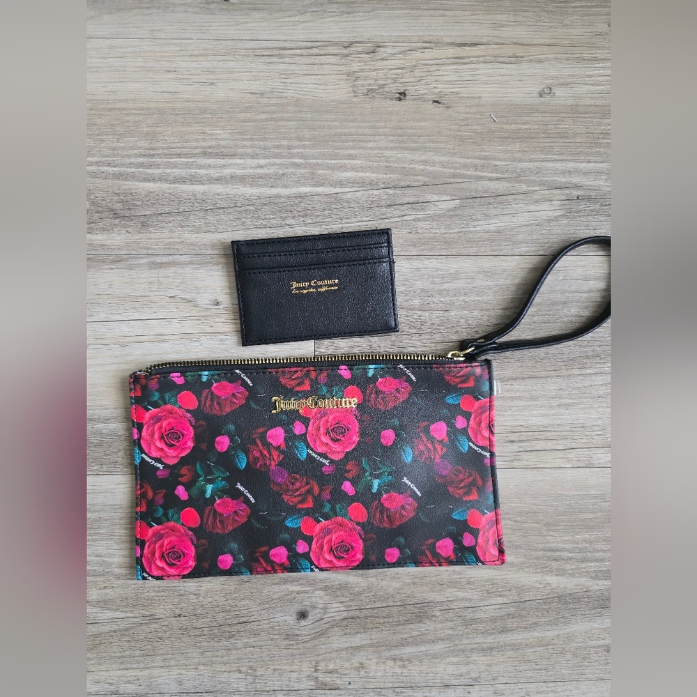 Juicy Couture Black and Pink Floral Wristlet and Cardholder Set